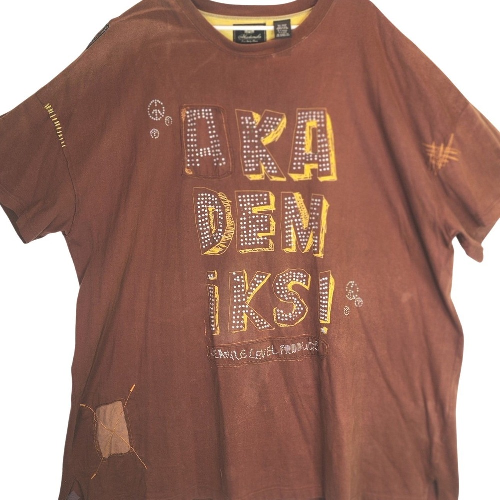 Akademiks Vintage Mens‎ 4XL Brown Graphic T-Shirt Studded Distressed Y2K Hip Hop